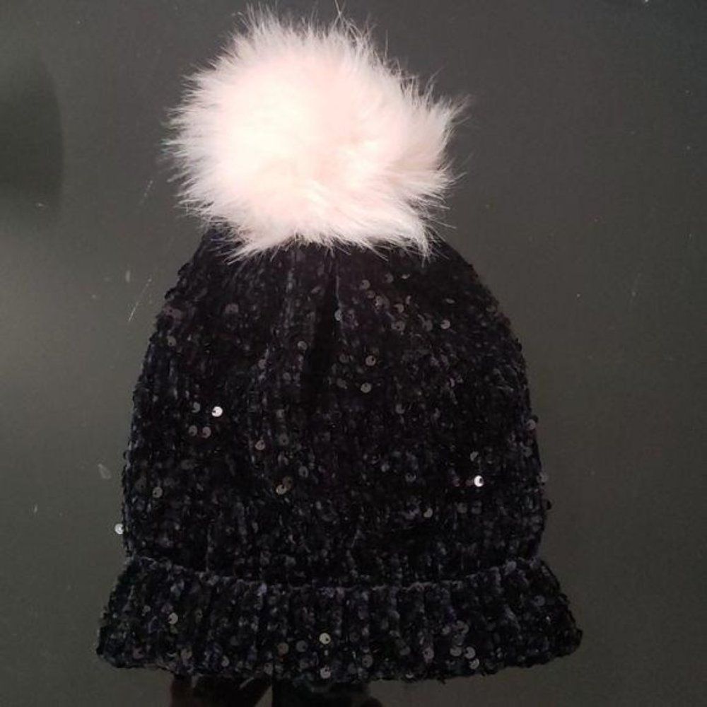 Claire’s Black Sequined fuzzy ball‎ pom pom beanie